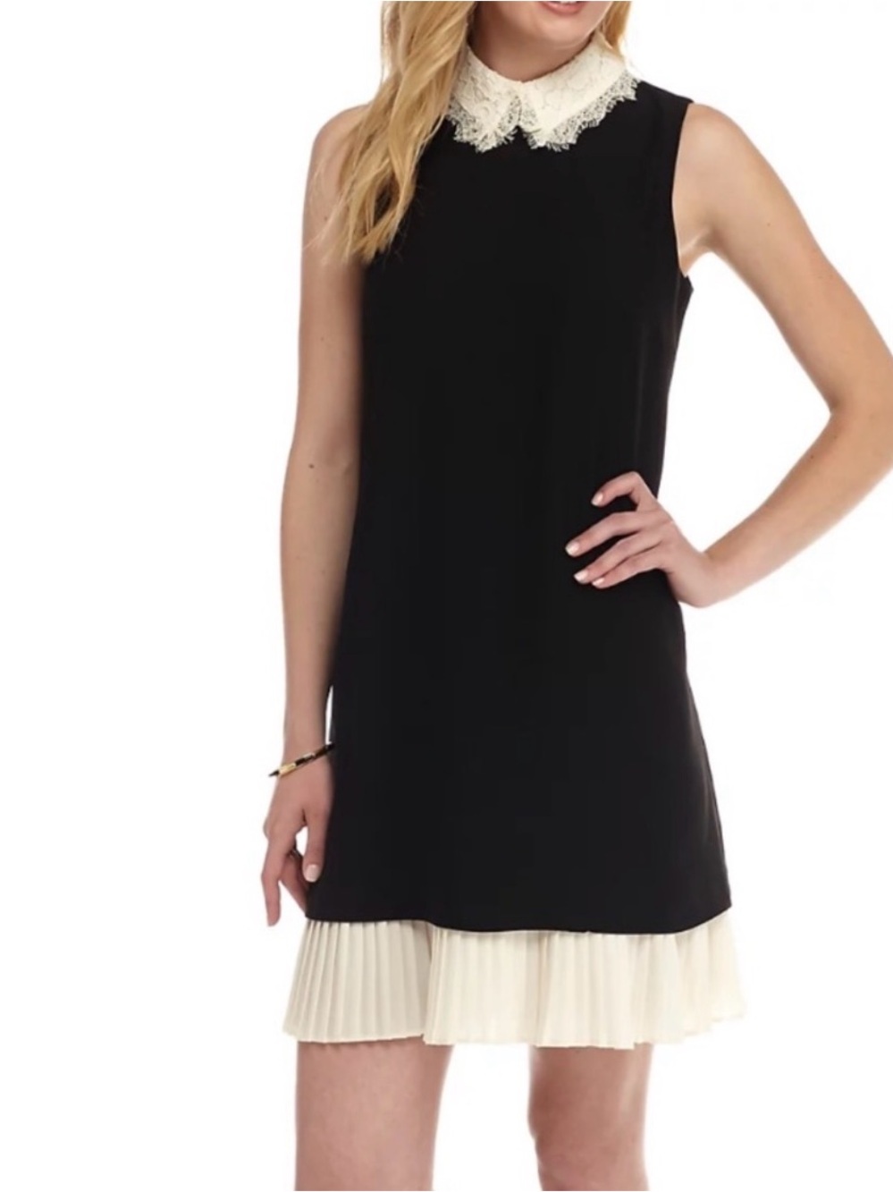 Nanette Lepore Black Mini Dress with Cream Lace Collar and Pleated Hem - Picture 2 of 8